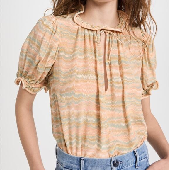 Ulla Johnson | Women’s Corine Top 100% Silk Blouse Tie Neck Crepe Ruffle Trim 4 - Picture 2 of 10